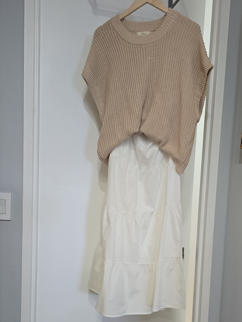 Elan Cream Maxi Dress with Beige Knit Overlay